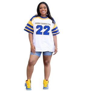 T-shirt de hockey Sigma Gamma Rho pour femme, maillot 22, bleu et or, style décontracté et sportif, surdimensionné, pour sororité grecque - Product Image 1