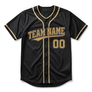 Camiseta de Béisbol Negra Personalizada de Alta Calidad para Hombre, con Botones al Frente, Manga Corta, Malla Transpirable, Detalles Dorados, Nombre del Equipo y Número - Product Image 5