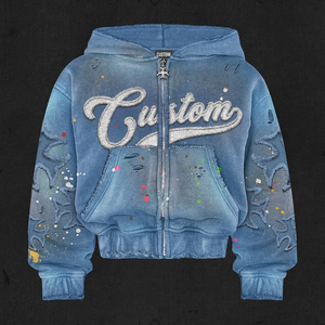 Custom Embroidered Hoodie Mens Massive 450gsm Blue Sunfaded <b>Jumper</b> Paint Splatter Cross Applique Boxy Fit <b>Full</b> <b>Zip</b> up <b>Jumper</b> - Product Image 1