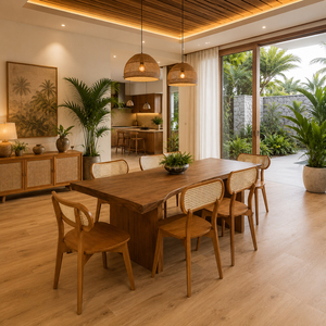 Elegant Suar <b>Wood</b> Minimalist Export Elysian Live Edge <b>Dining</b> Set Collection with Teak Rattan Chairs for Hospitality Use - Product Image 4