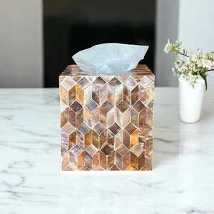 Boîte à mouchoirs artisanale en nacre incrustée : Boîte à mouchoirs mosaïque cubique marron - Product Image 5