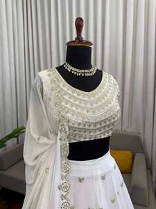 Women's Foux Georgette Choli Wedding Diwali Party Wear White Embroidery Work <b>Ankle</b>-Length Quick Dry Reversible Wrinkle-Resistant - Product Image 2