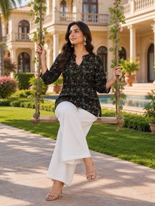 <b>Women</b> Black Paisley Printed <b>Kurta</b> Set with White Palazzo 3/4 Sleeve Loose Fit Casual Ethnic Wear - Product Image 2