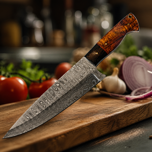 Custom Handmade Modern Damascus Steel Chef <b>Knife</b> Ambidextrous Design 8-9.9in Blade Length 3.0mm Thickness Wood Handle Extra - Product Image 1