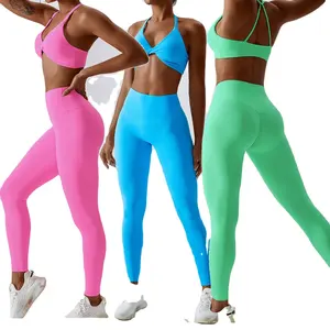 Conjuntos de mallas con sensación desnuda para mujer, ropa deportiva para mujer, conjuntos de Fitness para gimnasio, Sujetador deportivo con giro frontal, trajes de entrenamiento - Product Image 1