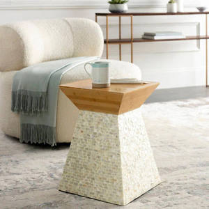 Decorative <b>Bamboo</b> Top Inlaid <b>Stools</b> Mother of Pearl Handcrafted Pedestal Mosaic Plant Stand With Unique Shell Texture - Product Image 2