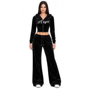 Women Black <b>Velvet</b> Hooded Tracksuit Set Full Sleeve Zipper Closure Glitter Angel Print Loose Fit Casual Autumn Wear - Product Image 4