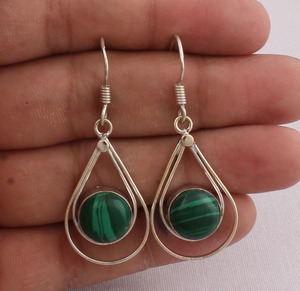 Wholesale 925 Sterling Silver Malachite <b>Earrings</b> Natural <b>Green</b> Gemstone Drop <b>Earring</b> for Women Artisan Handmade Jewelry Supplier - Product Image 1