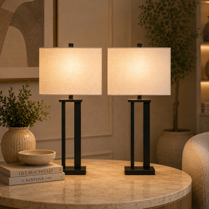 Lámpara de Mesa Metálica Monarch de Doble Pilar con Marco de Hierro Abierto, Pantalla Rectangular de Lino Premium, Iluminación Ambiental Cálida para Hogares Modernos - Product Image 1