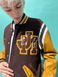 Unisex Varsity Jacket Brown Yellow Woolen Waterproof Embroidered Letter Logo <b>Turn</b>-down Collar Single <b>Button</b> Preppy Style Autumn - Product Image 1