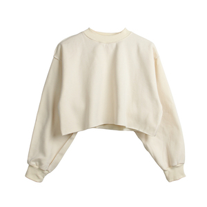 Sudadera de Mujer, Cuello Redondo, Color Crema, Manga Larga, Tejido Holgado, Color Sólido, Corte Corto, 100% Algodón, Ropa de Otoño - Product Image 1