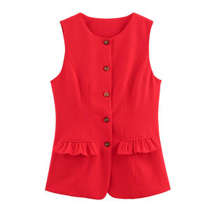 Chaleco Casual de Moda para Mujer, Color Rojo, Cuello Redondo, Cierre con Cinturón, Transpirable y Resistente al Viento, Invierno 2026 - Product Image 1