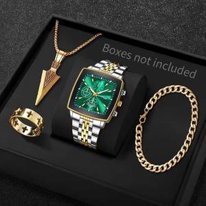New Men's Fashionable Casual <b>Watch</b> Set, with Bracelet. <b>Ring</b> and Necklace Set, Stainless Steel Men <b>Watch</b> , - Product Image 1