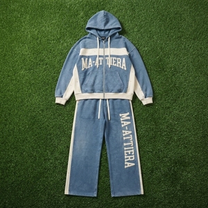Conjunto de Sudadera con Cremallera Azul Crema y Pantalones Anchos para Hombre, con Paneles en Contraste y Detalles de Tachuelas, Estilo Urbano, Chándal Personalizado OEM ODM - Product Image 6