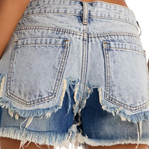 Shorts de Mezclilla de Dos Tonos para Mujer, Cintura Media, Desgastados, con Dobladillo Deshilachado, Casuales, de Verano, Secado Rápido, Transpirables, Talla XS - Product Image 4