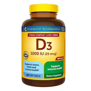 Capsules de vitamine D3 certifiées GMP, 1000 UI, 25 mcg, soutien immunitaire, santé osseuse, fabricants de compléments alimentaires - Product Image 1