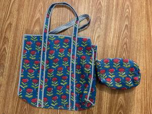 Traditional Indian Block Print Cotton Quilted Tote <b>Bag</b> with Coordinated Cosmetic Pouch for <b>Women</b>, College, <b>Beach</b> & Daily Carry - Product Image 2