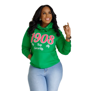 Sweat à capuche pour femme - Vert rose chenille blanc Alpha brodé 100% coton molletonné Hiver/Automne Décontracté - Product Image 3