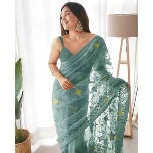 Sari de Seda de Diseño para Bodas con Bordado Multicolor de Hilo y Zari - Product Image 4