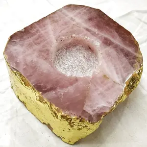 Bougeoir en Quartz Rose roche avec bordure dorée porte-bougie en cristal de guérison pour décoration de maison de jardin Boho