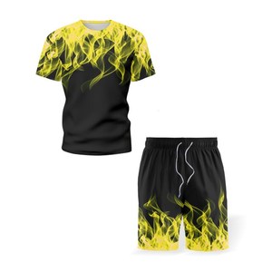 Custom Men's Black Yellow <b>Flame</b> Print T-<b>Shirt</b> and Shorts Set Crew Neck Quick Dry Sporty Summer Workout Wear - Product Image 1