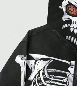 Men's Custom Hooded Sweatshirt Black <b>Skeleton</b> Print Zipper Front Regular Fit Autumn Wear Knitted 100% Cotton Fabric Hoodie - Product Image 3