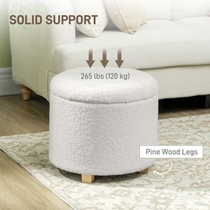 Pouf Rotondo in Tessuto Teddy da 18 Pollici con Bottoni Trapuntati, Contenitore e Gambe in Legno Bianco per Soggiorno e Corridoio - Product Image 6