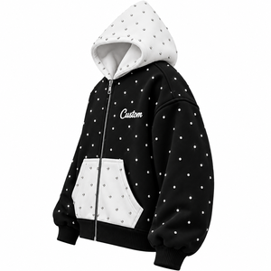 Sudadera con Capucha y Cremallera Unisex Oversize con Bloques de Color, 100% Algodón, Diseño de Puntos Bordados con Pedrería, Negra y Blanca, Casual de Invierno - Product Image 3