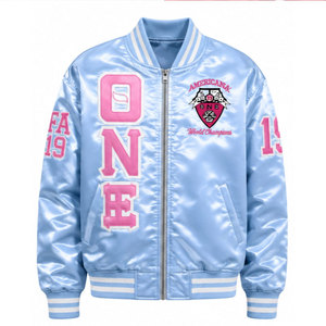 Chaqueta Bomber Azul Claro con Bordado Rosa, Cuello Camisero, Estilo Casual, Corte Regular, Material de Poliéster - Product Image 2