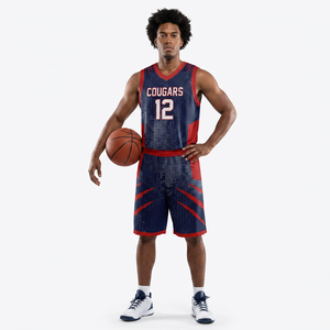 Conjunto de Camiseta de Baloncesto Cougars Sublimada, sin Mangas, Cuello en V, Malla Transpirable, Ajuste para Adultos, Rojo Marino 12 - Product Image 2