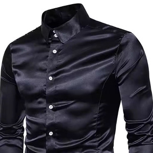Chemise habillée noire en satin à manches longues pour homme, col rabattu uni, boutonnée, haut de gamme, classique, pour affaires et bureau - Product Image 6
