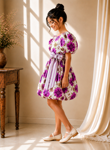 Girls Winter Casual Beach Purple Floral Puff Sleeve Party Dress with Bow Waist Cotton <b>Bubble</b> Hem Princess Birthday <b>Wedding</b> - Product Image 4