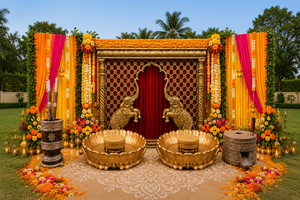Decoración de Lujo para la Ceremonia Haldi con Marco de Elefante, Tema para Bodas al Aire Libre, Urli para la Ceremonia Haldi, Función Vibrante para la Ceremonia Haldi - Product Image 5