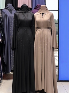 Wholesale Modest Dubai Beaded Sequined Long Sleeve <b>Abaya</b> Muslim Traditional Handmade Wedding Women Polyester Breathable V Neck - Product Image 2