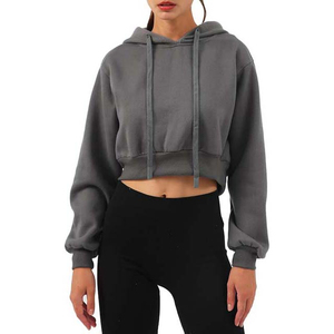 New Arrival Women Winter Crop <b>Top</b> Hoodie 100% Cotton Long Sleeve High Quality Gray <b>Cropped</b> Hoodie Sweatshirt 100% Cotton - Product Image 5