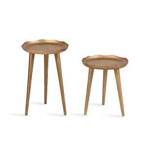 Antique <b>Gold</b> <b>Round</b> Nesting <b>Side</b> <b>Tables</b> with Scalloped Edges Hammered Metal Petal End <b>Tables</b> with Tapered Tripod Leg - Product Image 2