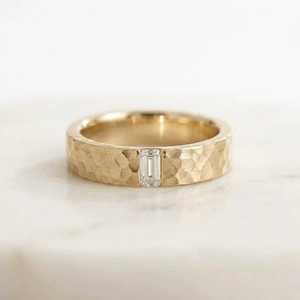 Unisex Hammered Finish Baguette Cut Lab Grown Wedding <b>Stacking</b> Band in Solid Gold Classic Handmade Matching <b>Ring</b> for Him or Her - Product Image 5