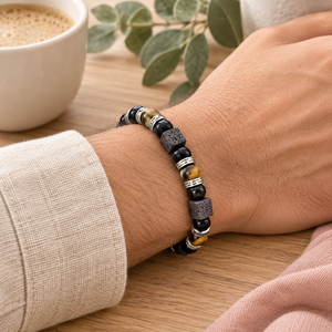 SoulWise กำไลข้อมือหินไทเกอร์อายธรรมชาติประดับลูกปัดสแตนเลสสีดำทองทรงลูกบาศก์ เครื่องประดับแฟชั่นทันสมัย ของขวัญ - Product Image 5