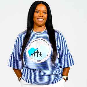 Camiseta de Manga Campana a Rayas Azules para Mujer, Cuello Redondo, Estampado Gráfico, Top de Moda, Venta al Por Mayor OEM - Product Image 6