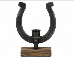 Equestrian <b>Horseshoe</b> Candle Holder Metal Rustic Tabletop Stand with Wooden Base Western Farmhouse Home Décor Centerpiece Stand - Product Image 4