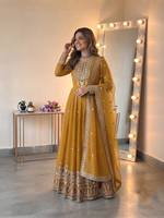 Robe Anarkali Salwar Kameez brodée jaune, costume pakistanais, dupatta en filet, manches longues, pour mariage ou fête