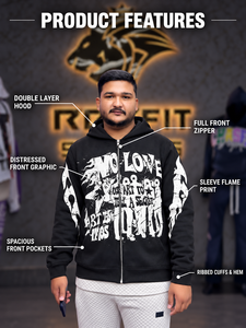 Men's <b>Black</b> <b>Zip</b>-<b>Up</b> <b>Hoodie</b> With Printed Front Graphic Sleeve Flame Print Full Front Zipper Spacious Pockets Streetwear Style - Product Image 1