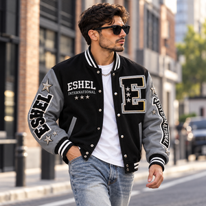 Blouson universitaire décontracté pour homme, noir et gris, avec patch brodé lettre, boutons-pression, style baseball, automne, prix de gros, personnalisation OEM - Product Image 1