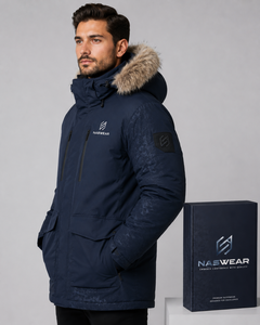 Parka d'hiver pour homme de qualité supérieure, bleu marine, à capuche, avec garniture en fourrure, imperméable, rembourrée de duvet, longue, style décontracté, Parka Jacek - Product Image 2