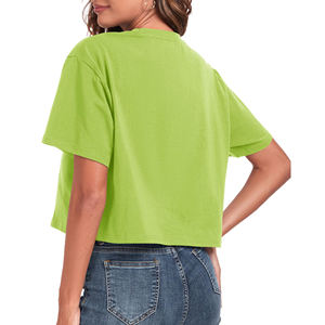 T-shirt court en jersey décontracté pour femme, vert lime, à manches courtes, col rond, coupe ample, printemps-été, 100 % coton, respirant, tricoté - Product Image 5