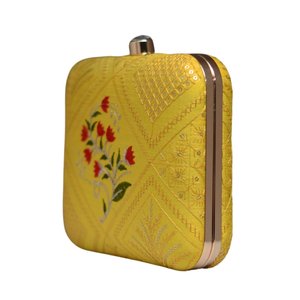 Yellow Floral Embroidered Clutch <b>Bag</b> Elegant Designer <b>Evening</b> Purse for Women Events - Product Image 2
