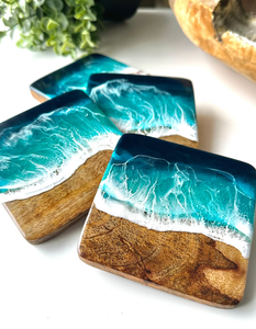 Custom Logo Luxury Ocean Wave Epoxy Resin Wood <b>Coaster</b> Handmade Acacia Wooden <b>Drink</b> <b>Coasters</b> for Home Decor Beach Theme Gifts - Product Image 5