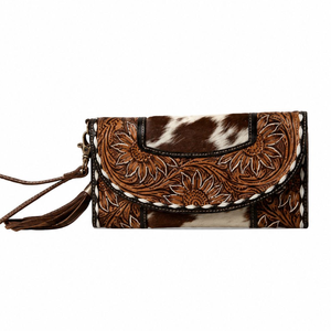 Cartera de mano de cuero genuino con pelo de vaca estilo western, con grabado floral, hecha a mano, tipo pulsera, estilo vintage vaquero, bolso organizador de lujo - Product Image 1