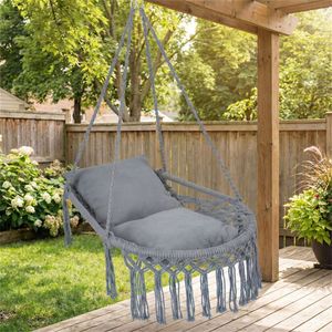 Sedia a dondolo sospesa in macramè grigio stile Boho con 2 cuscini imbottiti, capacità 150 kg, in cotone e PE, per interni ed esterni, camera da letto, patio, amaca - Product Image 2