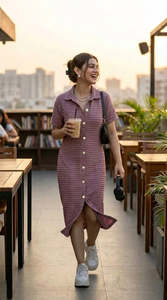 Vestido Camisero Midi de Manga Corta con Cuello Polo, Dobladillo Asimétrico y Detalle de Botones, Color Sólido, Tejido de Tela, Estilo Casual - Product Image 2